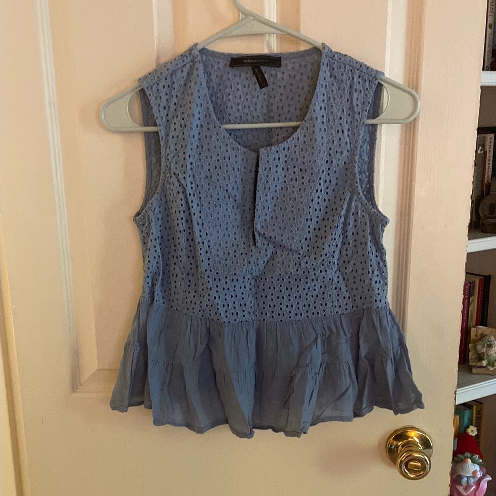 BCBGMaxAzria Blue Ruffled Peplum Blouse with Bib Collar